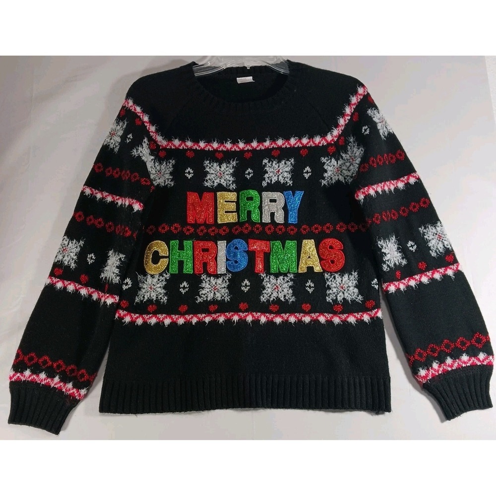 Holliday Time Women's Sparkly Merry Christmas Sweater S Black Colorful Letters